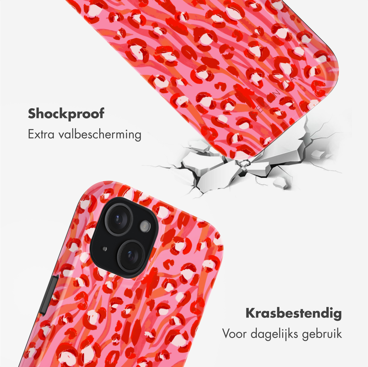 Phone case with red leopard print, cracked surface. Text 'Shockproof'. The phone case is breaking.