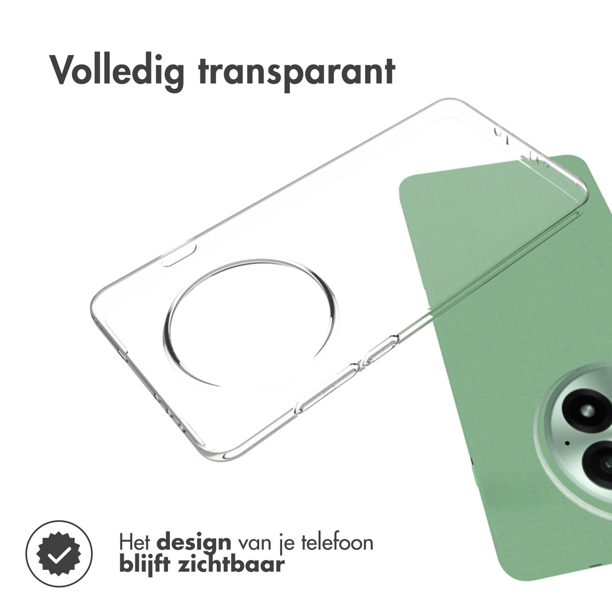 Custodia trasparente su telefono verde. Testo: Il design del tuo telefono rimane visibile.