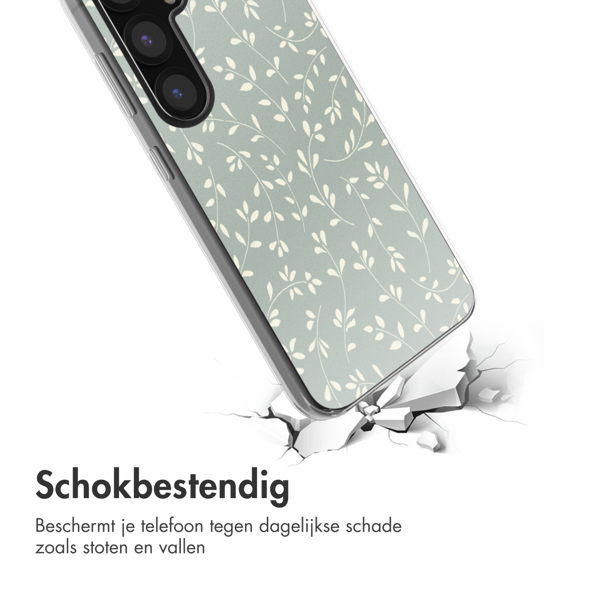 Coque avec motif floral sur un téléphone, fissurant le sol. Texte : Résistant aux chocs.