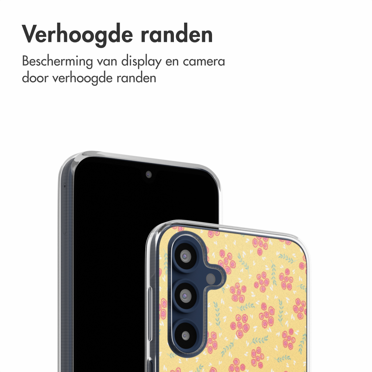 Een telefoon met een geel bloemenhoesje. De tekst luidt 'Verhoogde randen'. De telefoon staat op een witte achtergrond.
