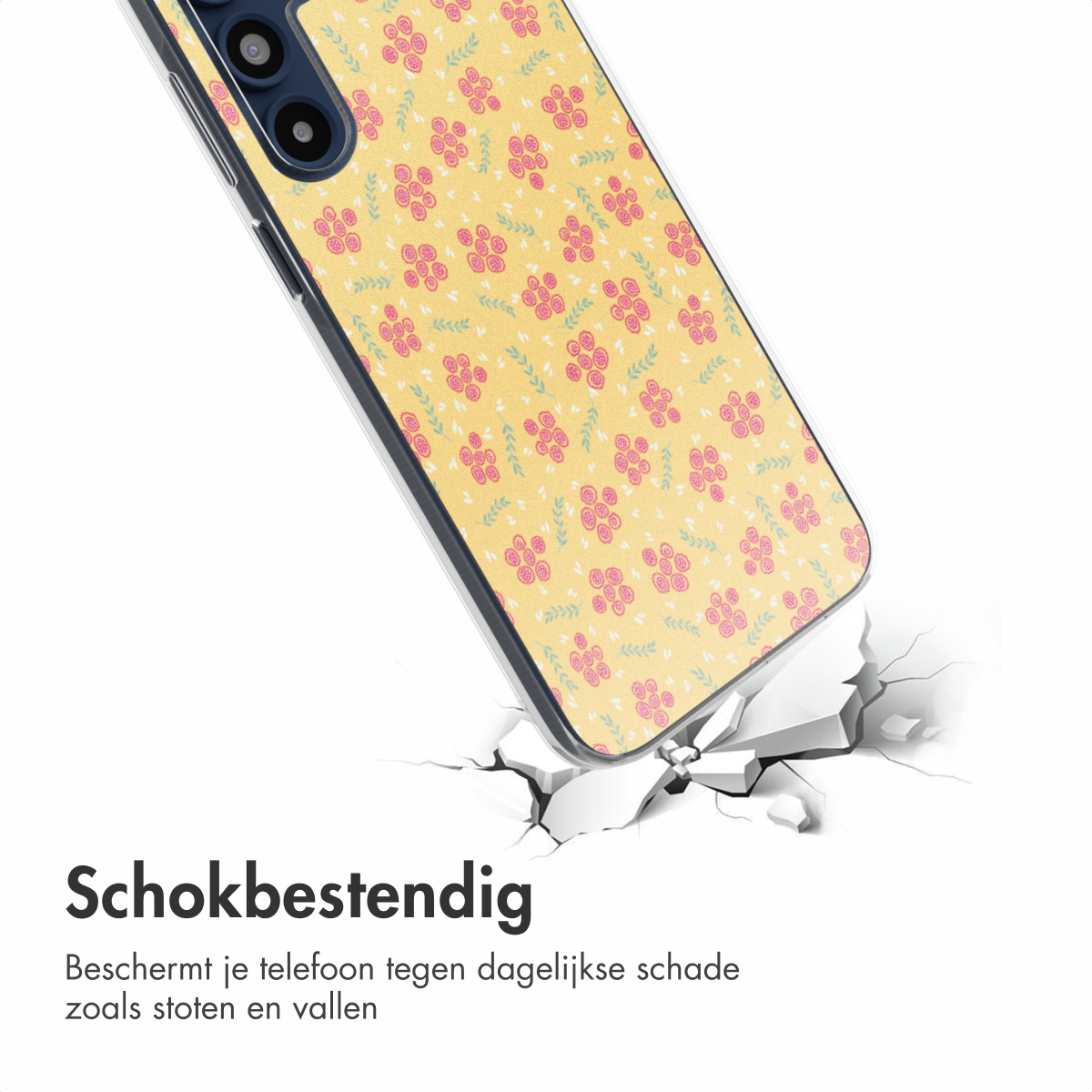 Een bloemen telefoonhoesje wordt geplaatst met een craquele effect. Tekst zegt 'Schokbestendig', 'Beschermt tegen dagelijkse schade'.