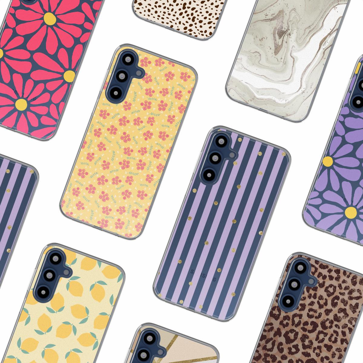 Verschillende telefoonhoesjes met verschillende patronen, waaronder bloemen, strepen en dierenprints. Elk heeft een camera-uitsparing.