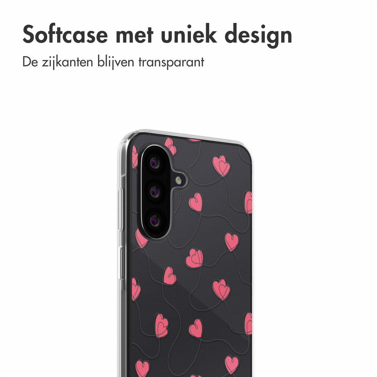 Coque transparente avec cœurs roses sur fond noir. Texte : Softcase met uniek design.