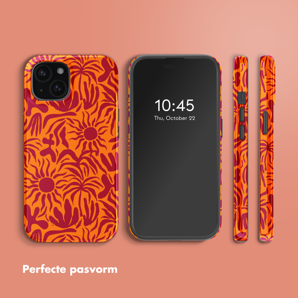 Orange phone case with a sunburst pattern. A phone with a black screen is next to it. Pink background.
