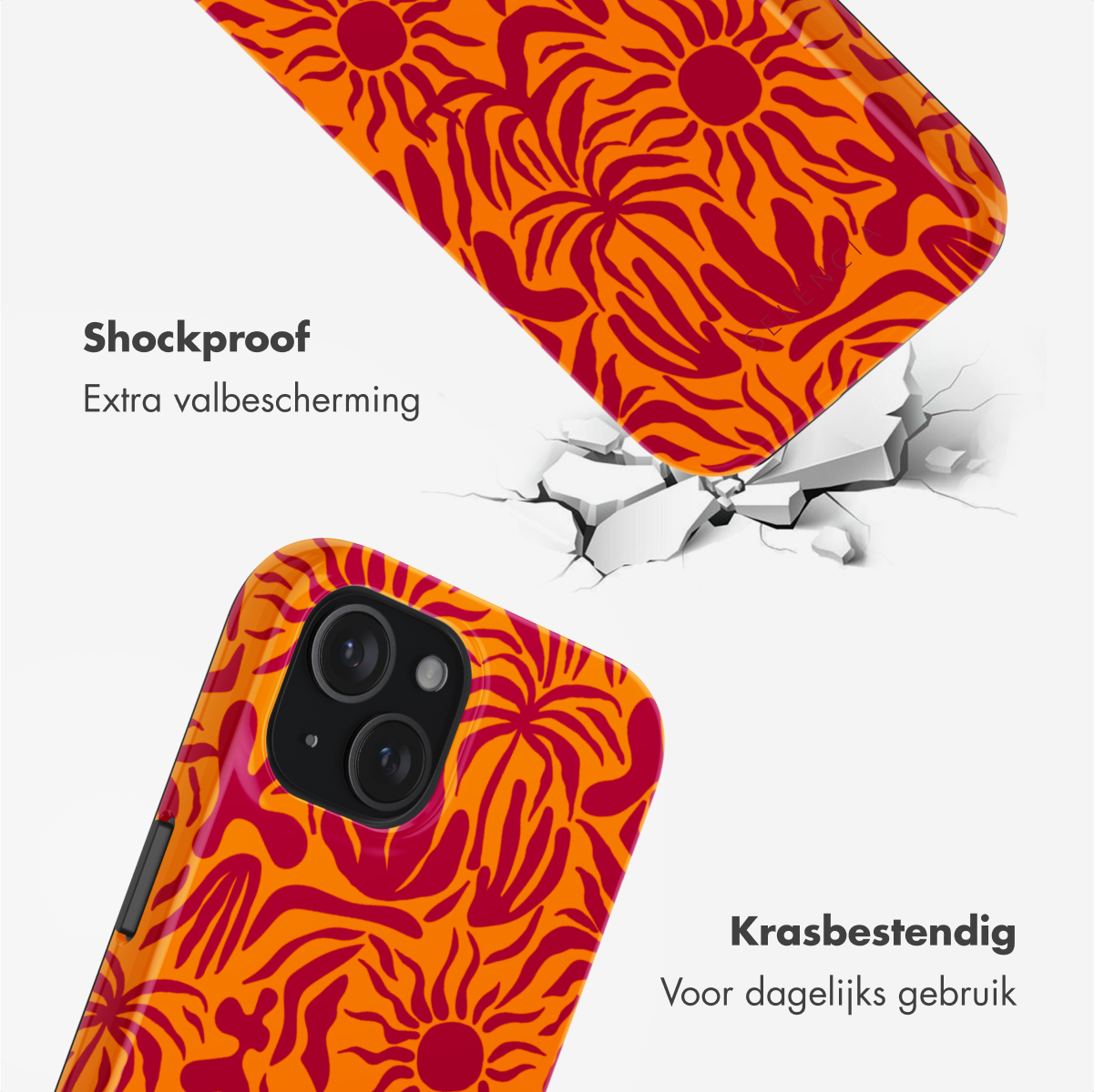 Orange phone case with a sunburst pattern with damage effect. Two phone cases shown, one is damaged.