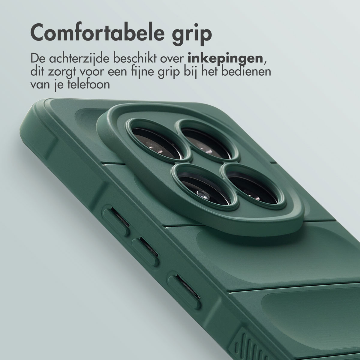 Groene telefoonhoes met een textuurontwerp. De hoes heeft uitsparingen voor knoppen en camera.