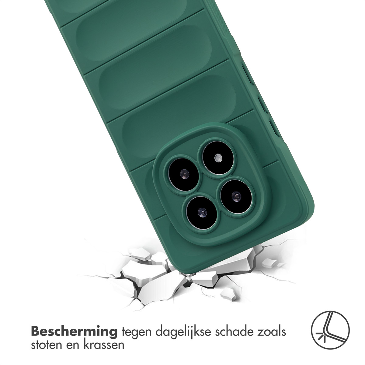 Een groene telefoonhoes valt. De hoes heeft een textuurontwerp en breekt het oppervlak eronder.