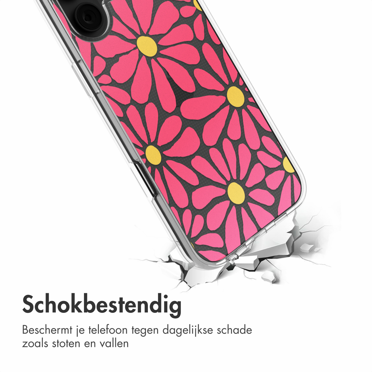 Eine Handyhülle mit pinkfarbenem Gänseblümchenmuster, darunter leicht gerissener Boden.