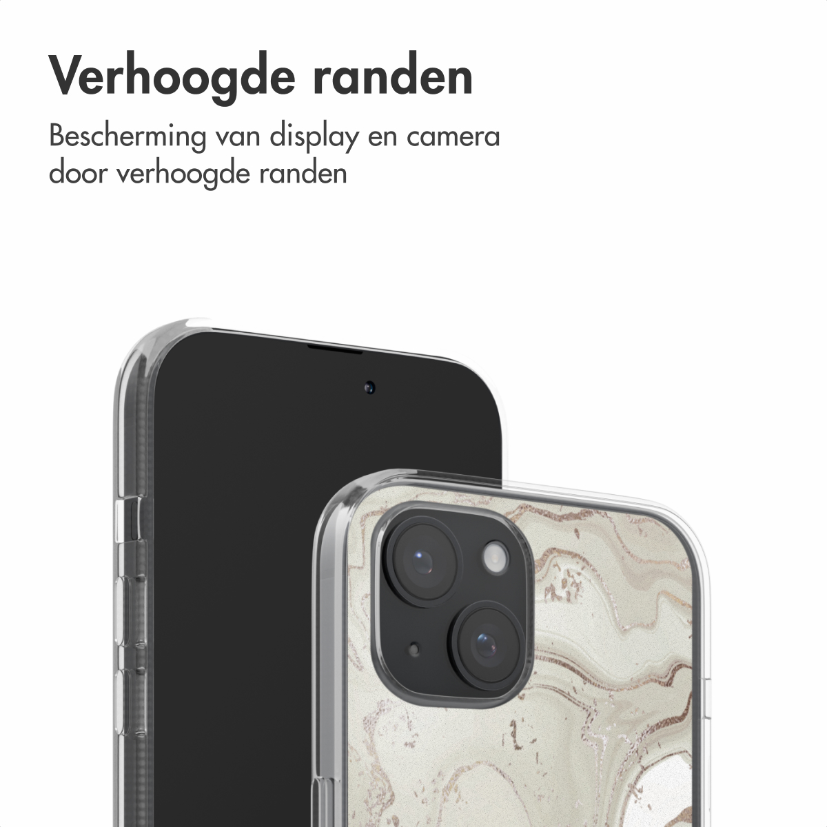 Telefoonhoesje met marmerpatroon, beschermt een telefoon. Toont camera en scherm.