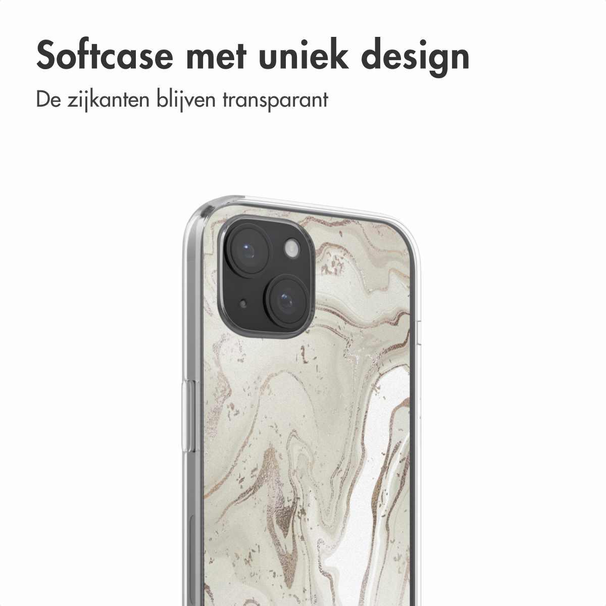 Telefoon met een doorzichtig hoesje met een marmer ontwerp, en tekst over een uniek ontwerp.