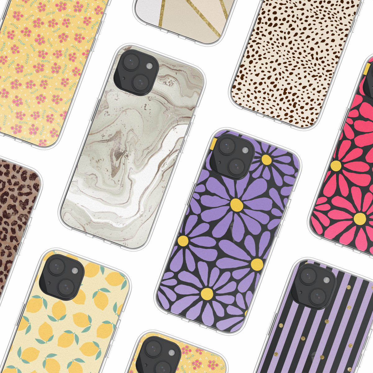 Verschillende telefoonhoesjes met verschillende patronen zoals bloemen, marmer en citroenen.