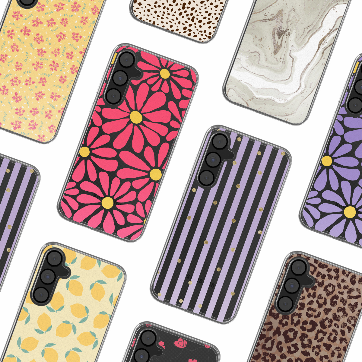 Assortiment telefoonhoesjes met diverse ontwerpen: bloemen, strepen, stippen en patronen.