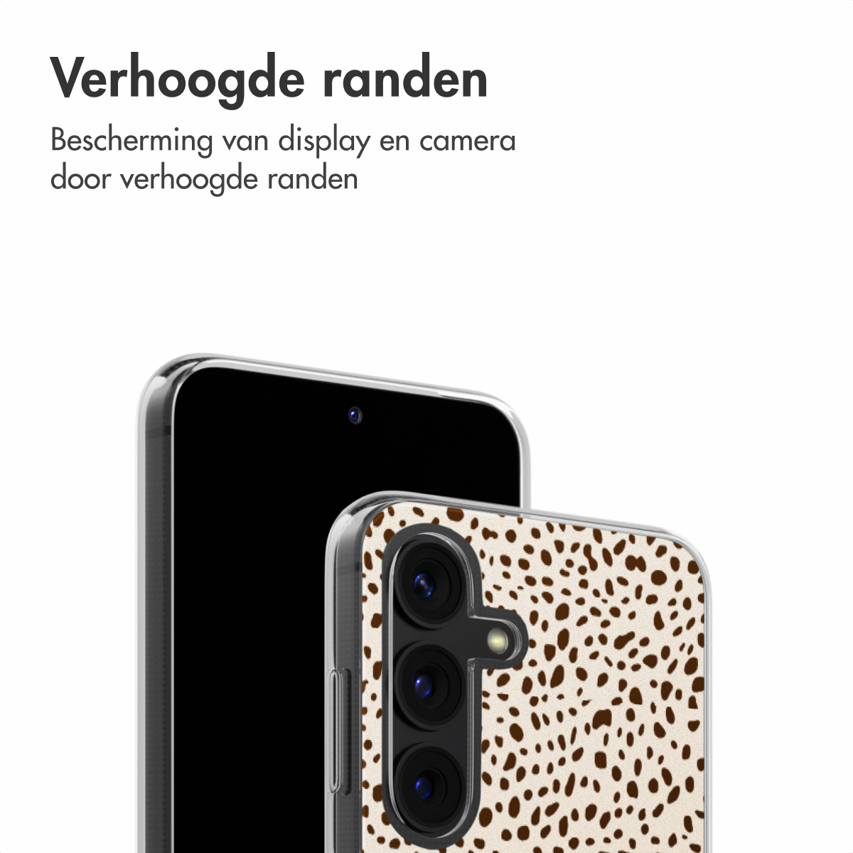 Un téléphone et une coque avec un motif à pois marron et blanc, cadre transparent.