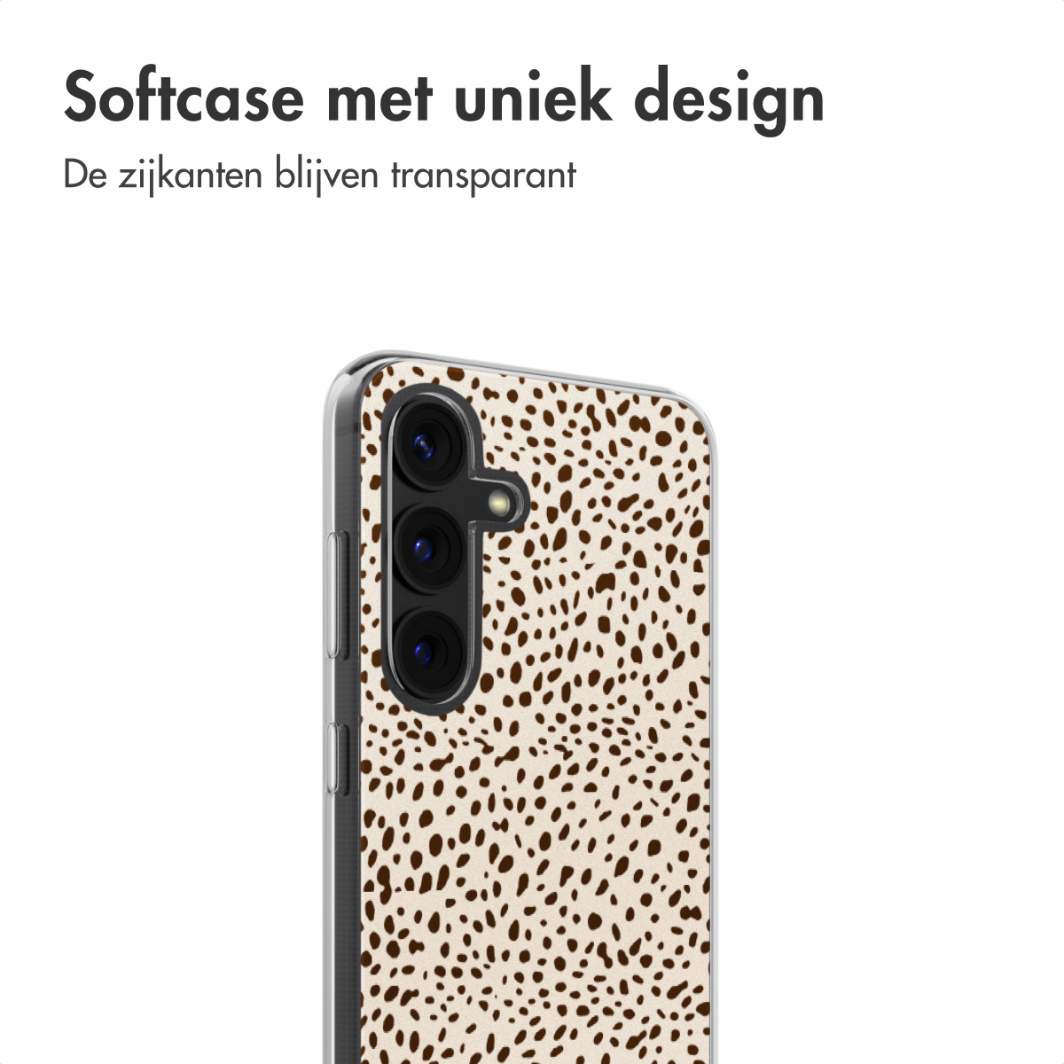 Une coque de téléphone avec un motif tacheté marron. Le texte indique 'Coque souple avec un design unique'. Les bords sont transparents.