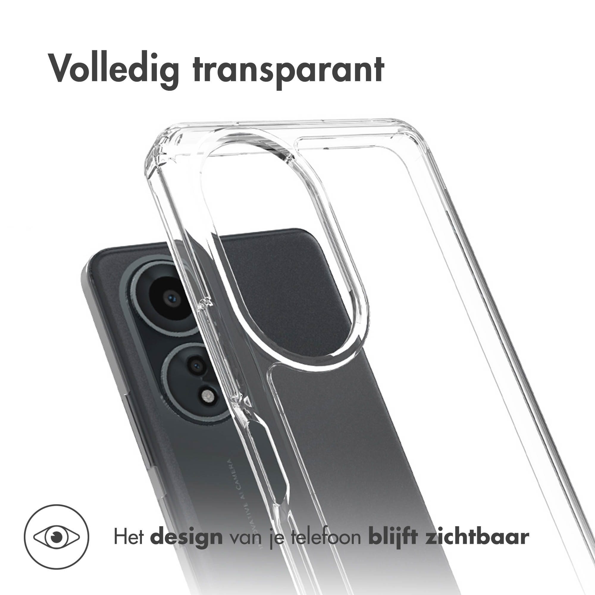 Un téléphone à l'intérieur d'un étui transparent, avec le design du téléphone visible. L'étui est transparent. Texte : Le design de votre téléphone reste visible.