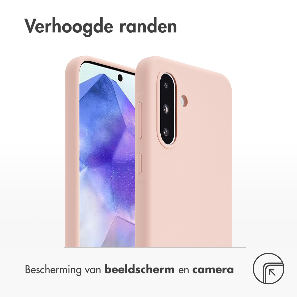 Roze telefoonhoes met verhoogde randen. Een telefoon zit erin. Beschermt camera en scherm.