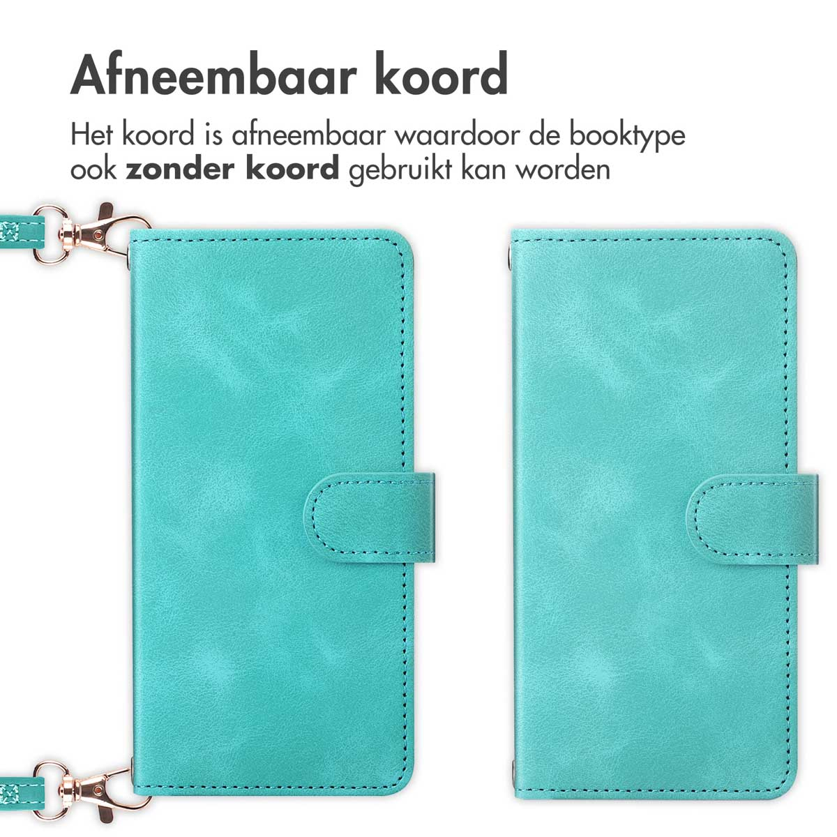Twee turquoise telefoonhoesjes. Eentje met een afneembaar koord. Het koord is afneembaar.
