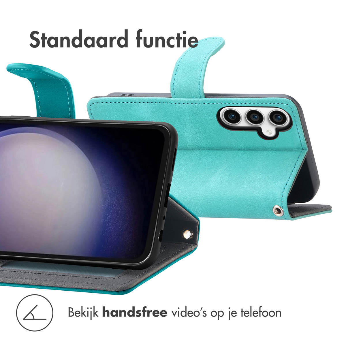 Een blauwe telefoonhoes met een telefoon erin. Het is een handsfree weergave-optie.