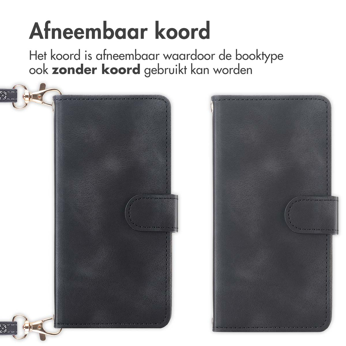 Twee zwarte telefoonhoesjes, één met afneembare band. Tekst: 'Afneembaar koord' en 'kan zonder koord worden gebruikt'.