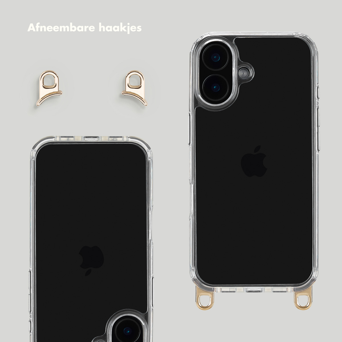 Transparante telefoonhoesjes met afneembare haken. Twee haken staan ​​bovenop. Witte achtergrond.