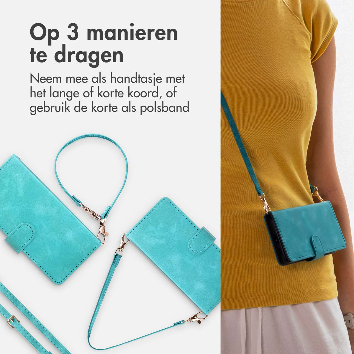 Étui de téléphone turquoise avec sangle et dragonne, utilisé avec une chemise jaune.