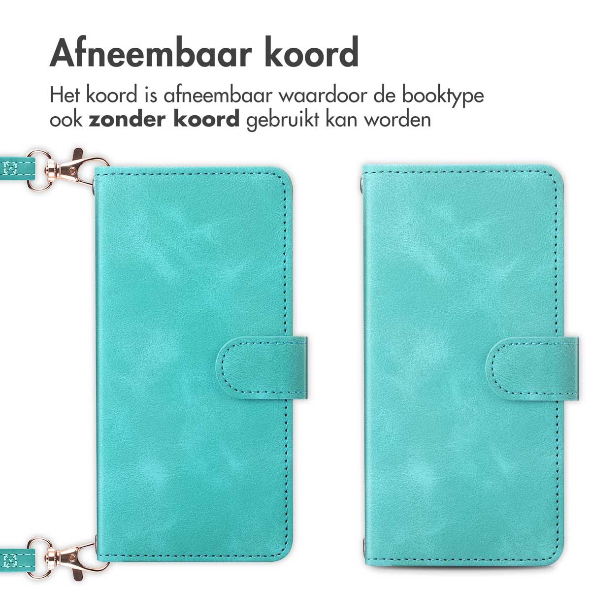 Deux étuis de téléphone bleu canard, un ouvert, avec cordon amovible et fermoirs dorés.