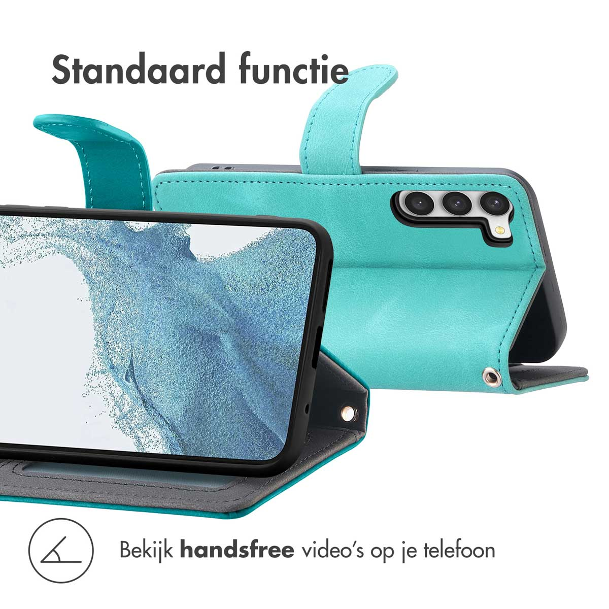 Turquoise telefoonhoes met een telefoon erin. De telefoon staat open, in een staande positie.