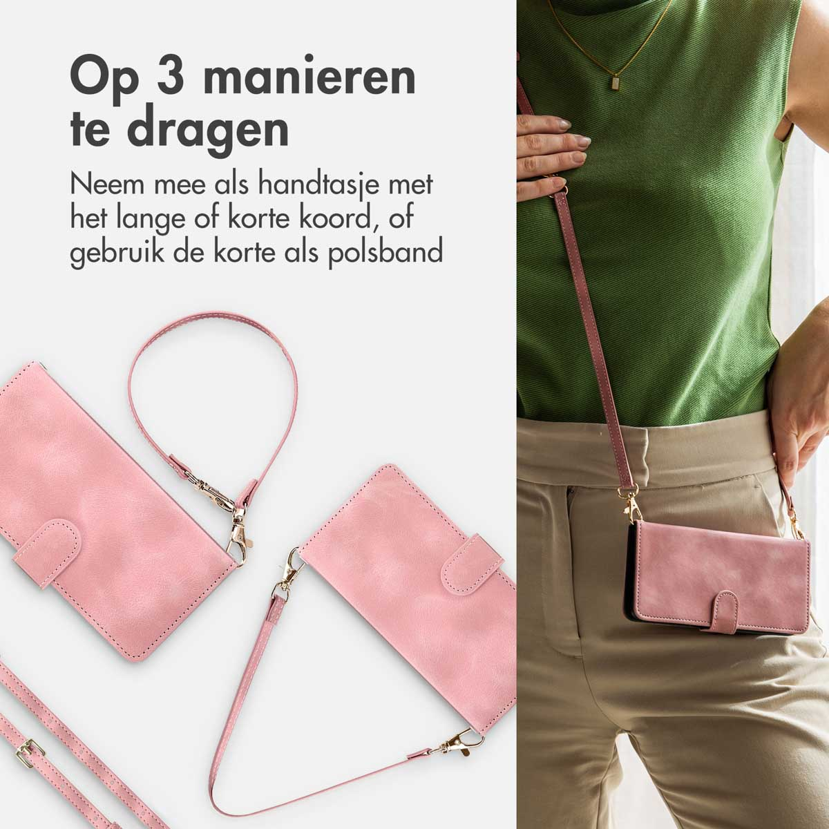 Roze telefoonhoesje met een riem. Verschillende manieren om te dragen: hand, pols of schouderriem.