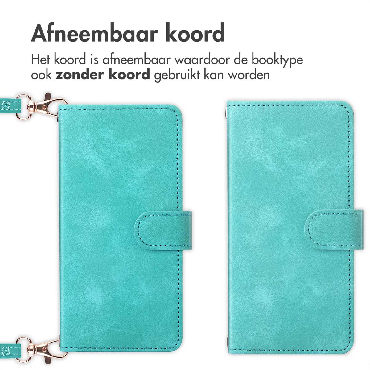 Coque de téléphone turquoise avec cordon amovible. Utilisable avec ou sans cordon.