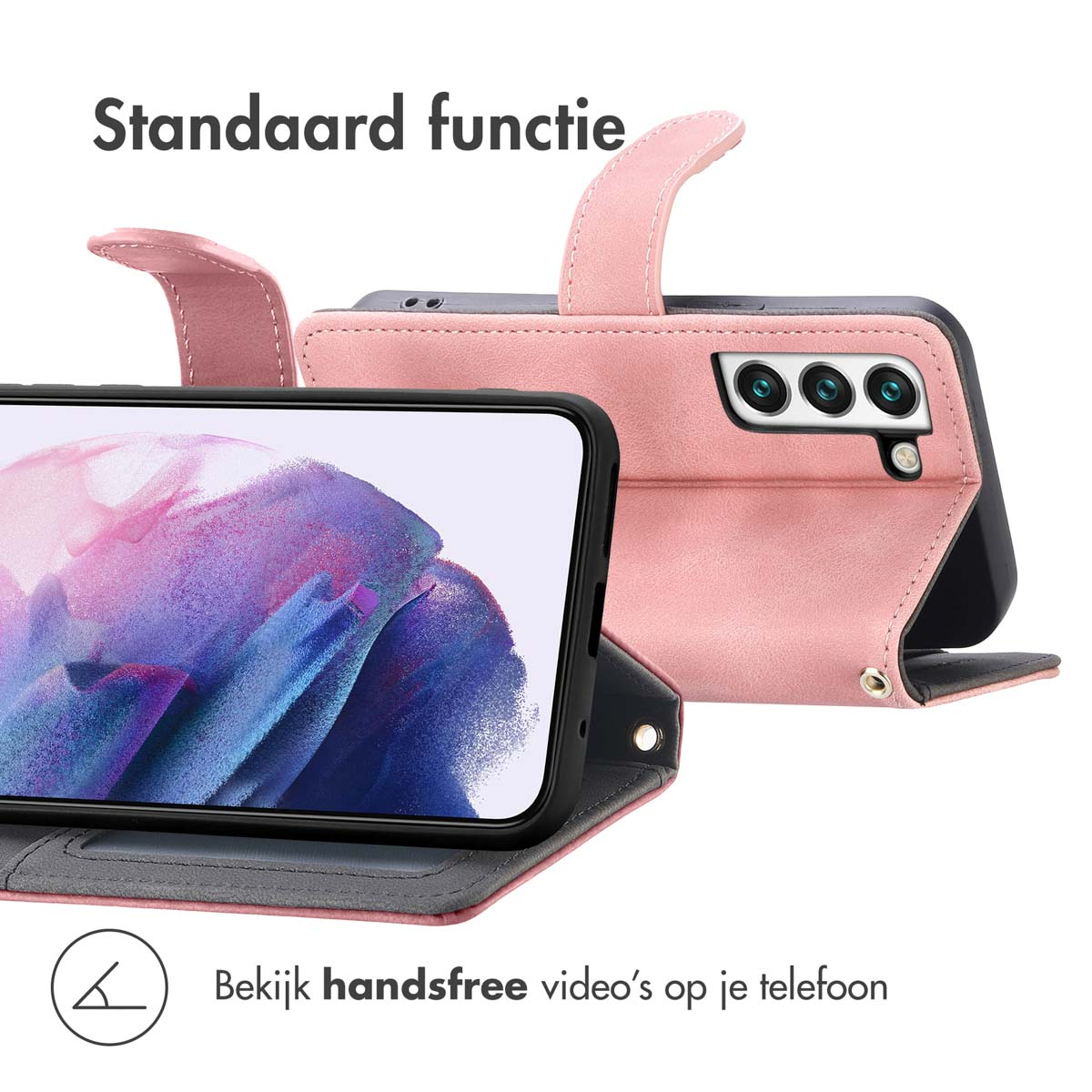Un étui de téléphone rose protège le téléphone, avec une fonction mains libres et un téléphone à l'intérieur.