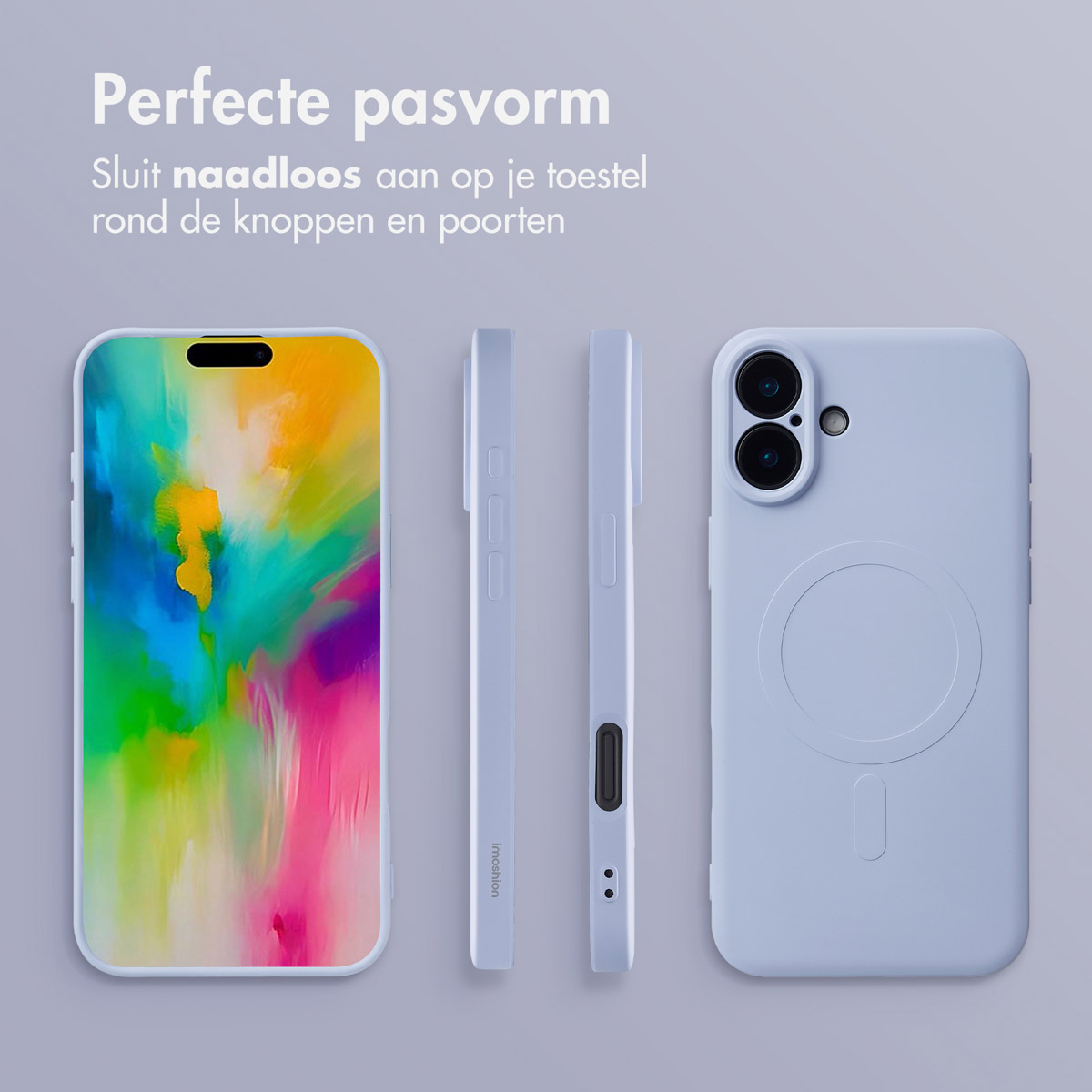 Trois coques de téléphone et un téléphone avec un écran coloré sont disposés sur un fond gris. Texte en haut.