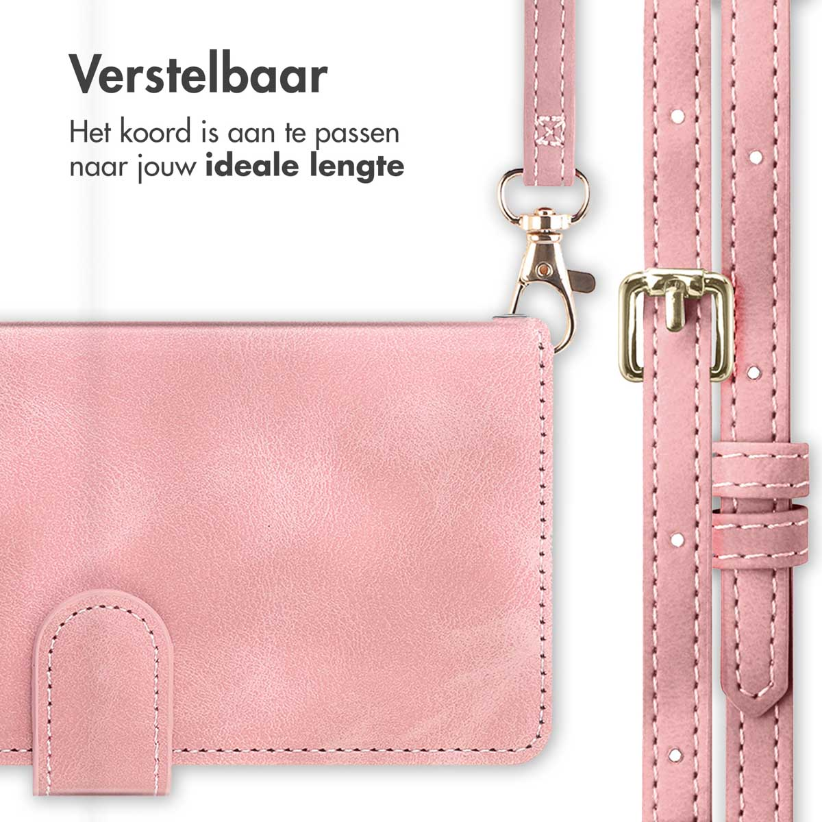 Coque de téléphone rose avec une sangle et une boucle réglable.
