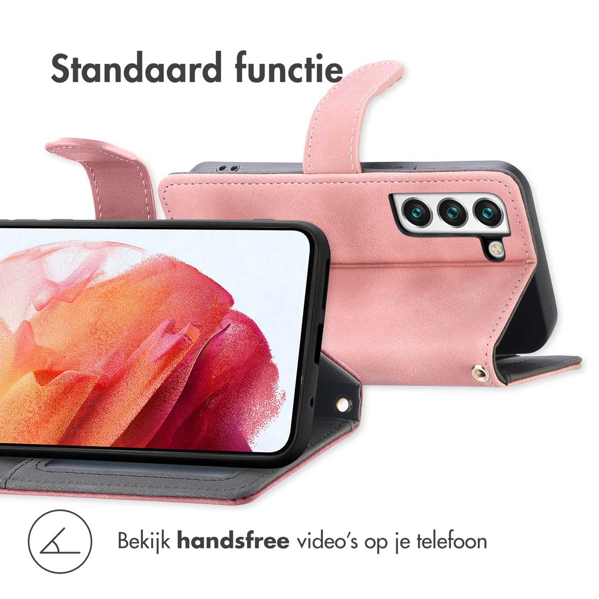 Coque de téléphone rose avec téléphone à l'intérieur, affichant écran et fonction support. Écran image abstraite.