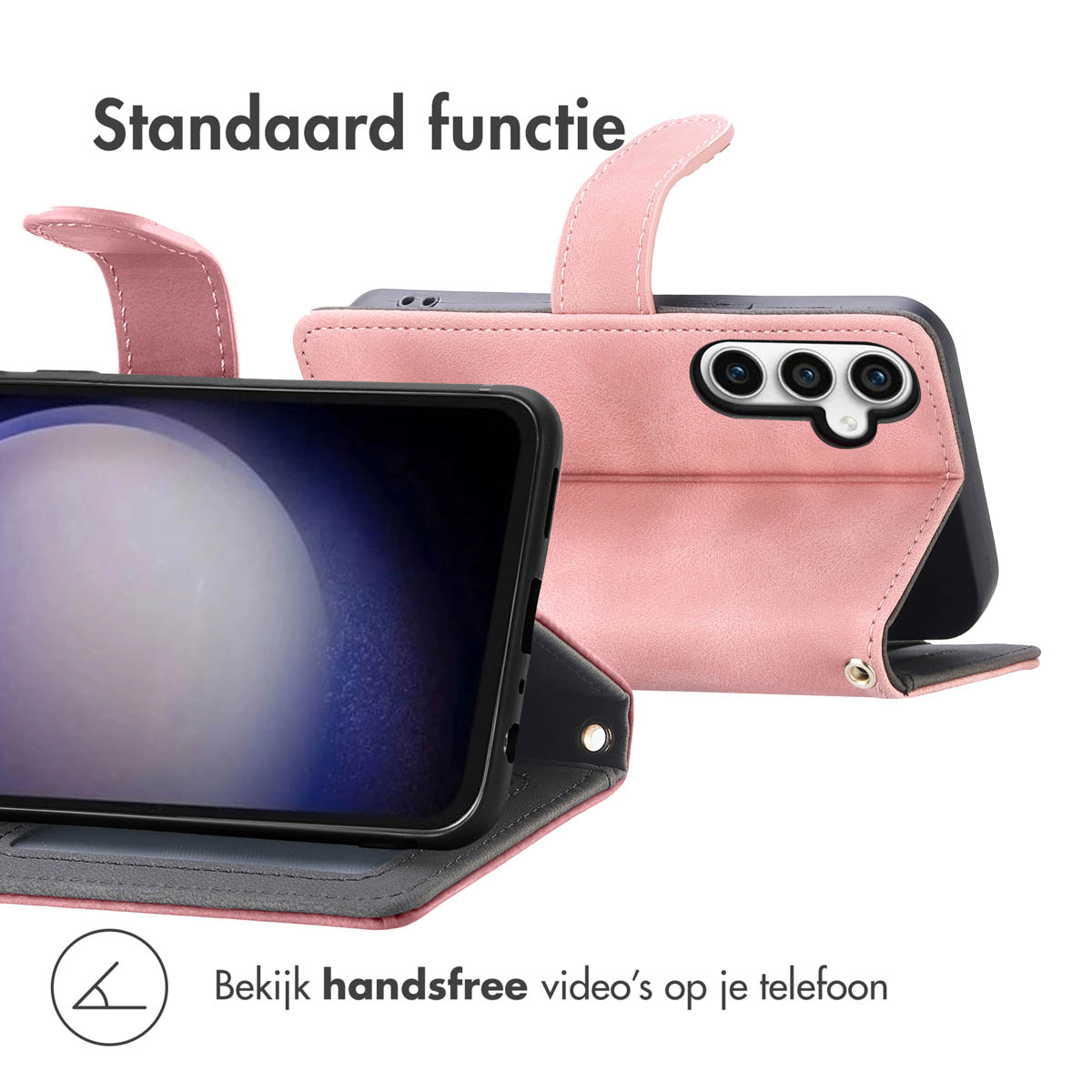 Roze telefoonhoesje met een telefoon die een video toont en een standaard.