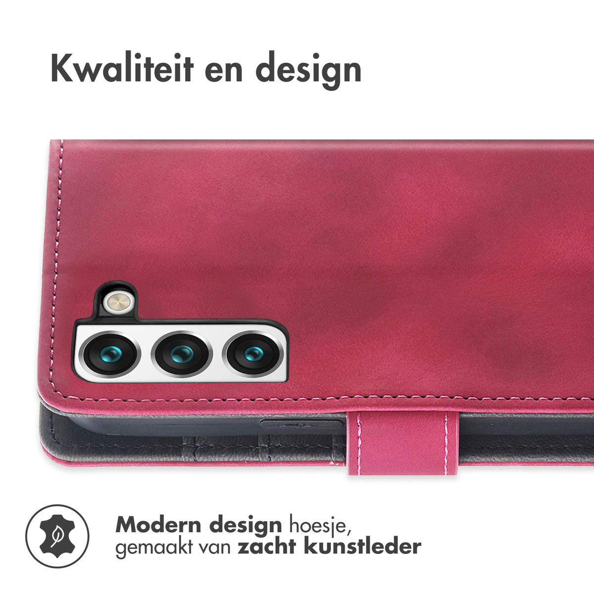 Een rode telefoonhoes met een camera-uitsparing. De tekst hierboven zegt 'Kwaliteit en design'.
