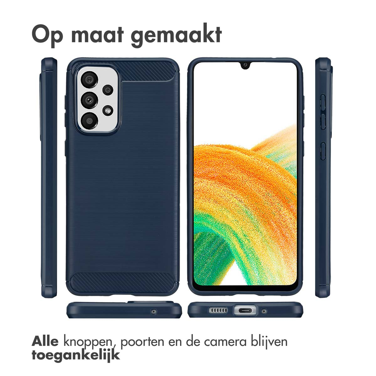 Een smartphonehoesje in verschillende aanzichten: voor, achter en zijkanten. De hoes is donkerblauw, met knoppen en cameratoegang.