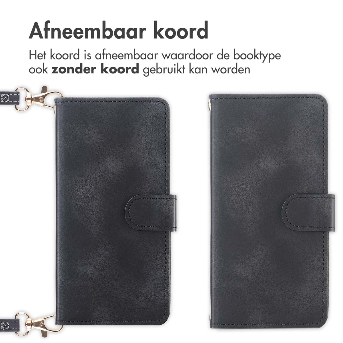 Zwarte telefoonhoes met afneembare band, open en gesloten.