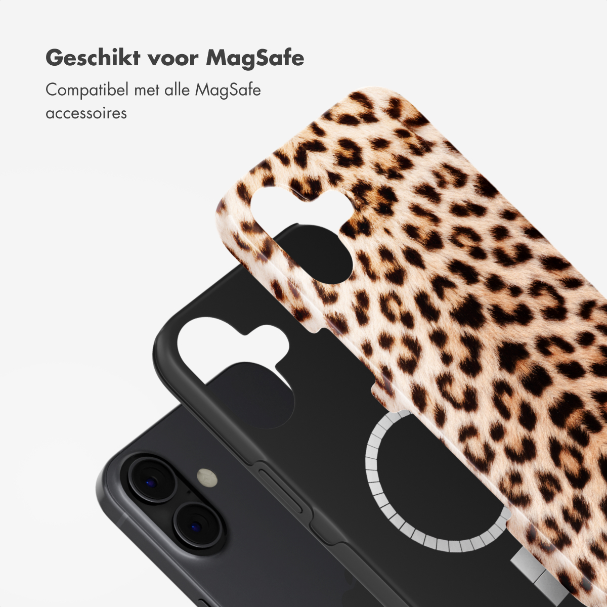 Coque de téléphone avec imprimé léopard, compatible avec les accessoires MagSafe, montrant un cercle blanc.