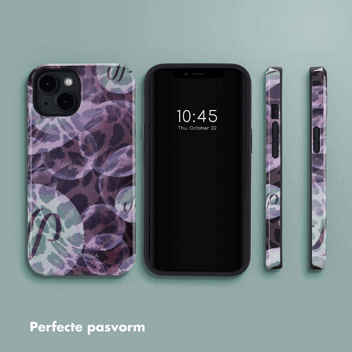 Telefoonhoesjes set met een luipaardprint ontwerp. Een telefoon met tijd en datum.