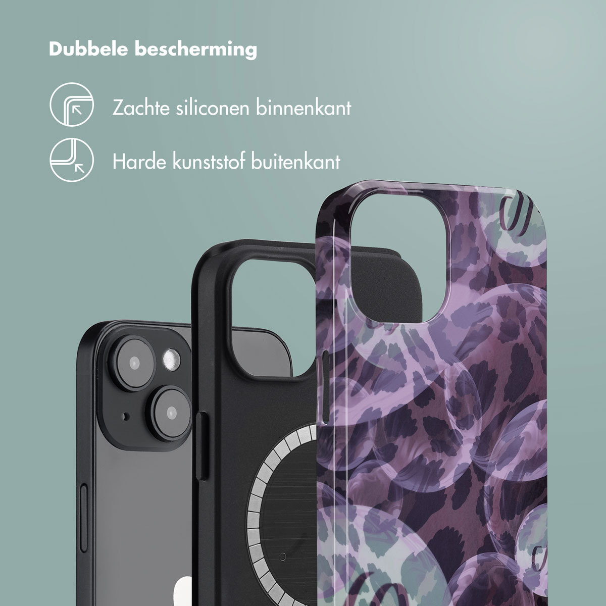 Drie telefoonhoesjes worden getoond. Eén is zwart met een MagSafe-ring. De andere zijn paars met een luipaardprintdesign.
