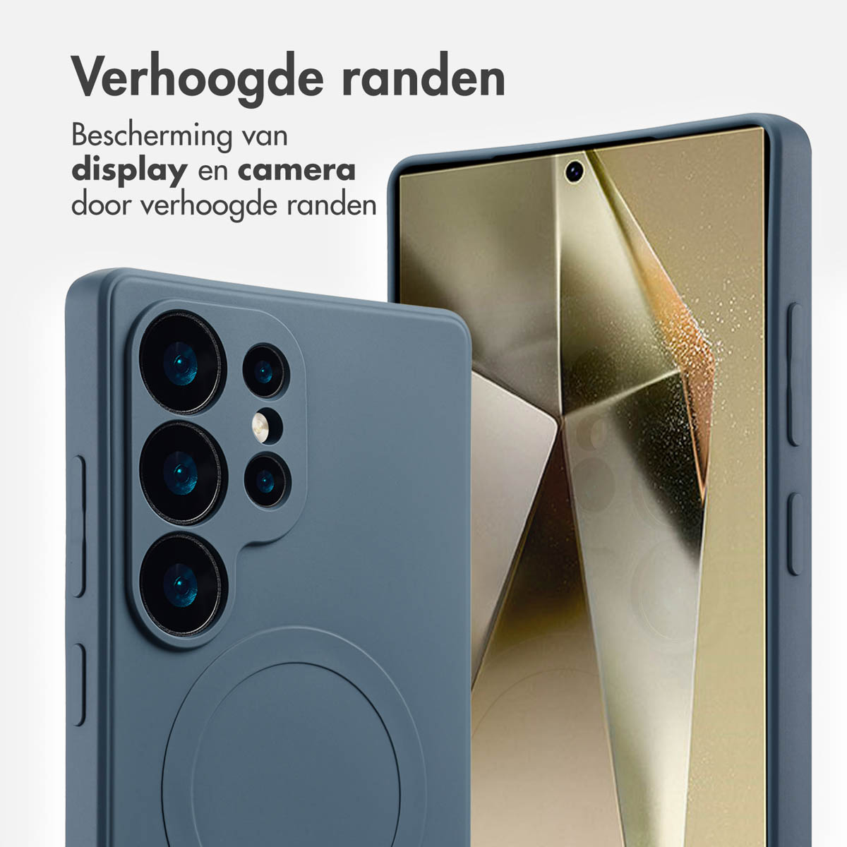 Close-up van een blauwe telefoonhoes en telefoon. Verhoogde randen beschermen het scherm en de camera.