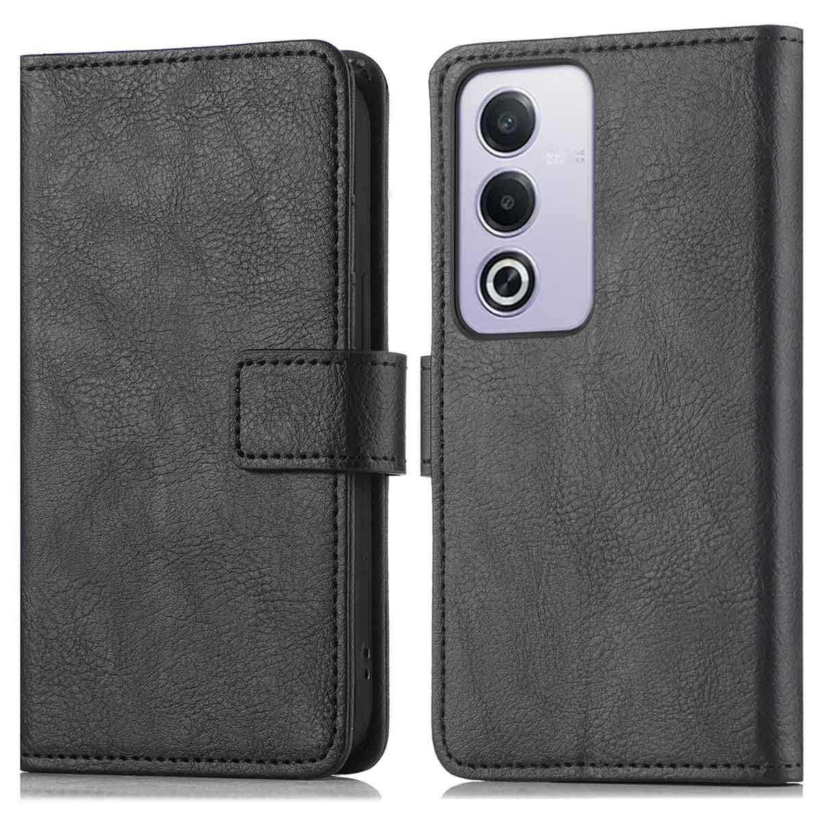 Zwarte leren telefoonhoes, open, met een telefoon met camera's. Witte achtergrond.