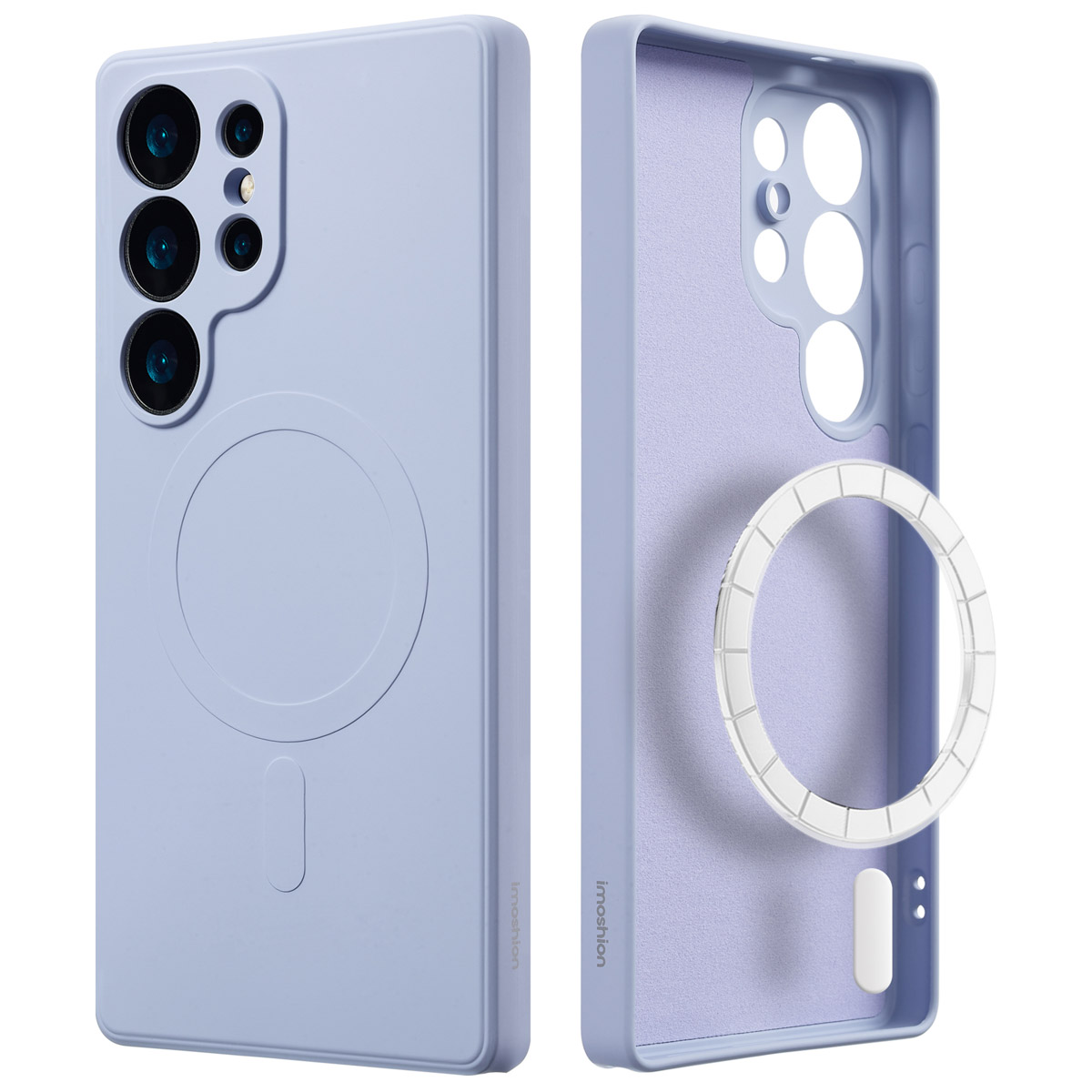 Twee telefoonhoesjes, een gemonteerd en een open, lichtblauw met een cirkel. Beide hebben het imoshion-logo.