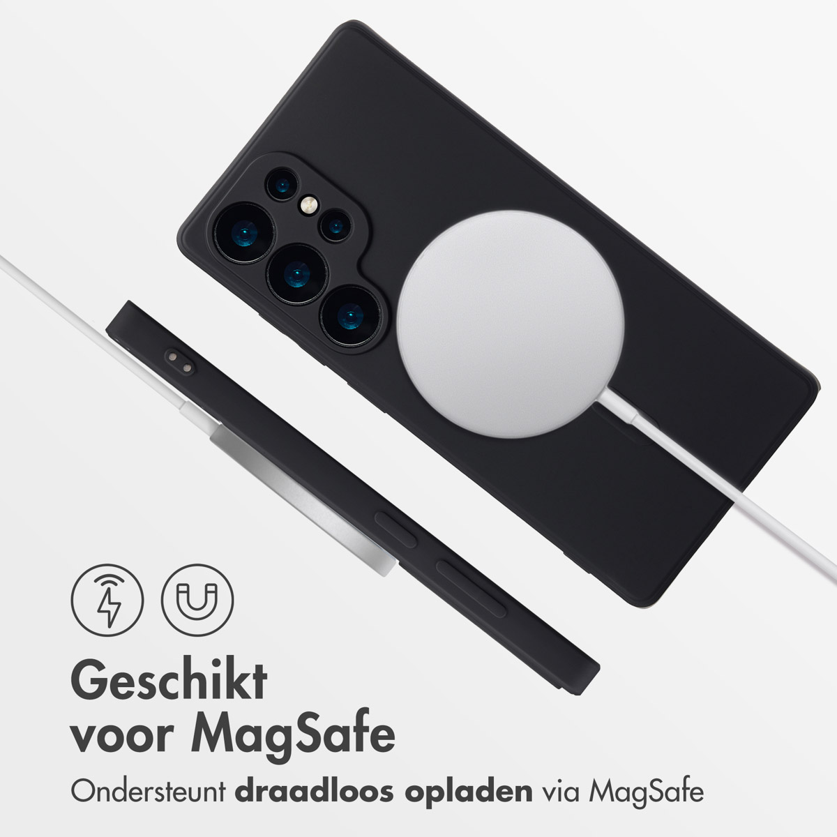 Zwarte telefoon met witte MagSafe-oplader en iconen die draadloos opladen aangeven.