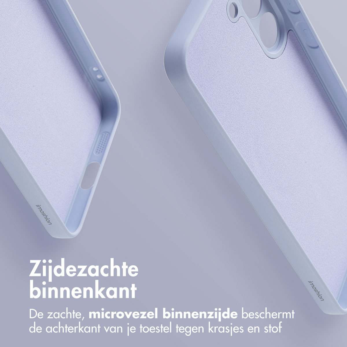 De binnenkant van een telefoonhoesje met een lavendelkleurige achterkant en een lichtblauwe rand. Merk: imoshion.