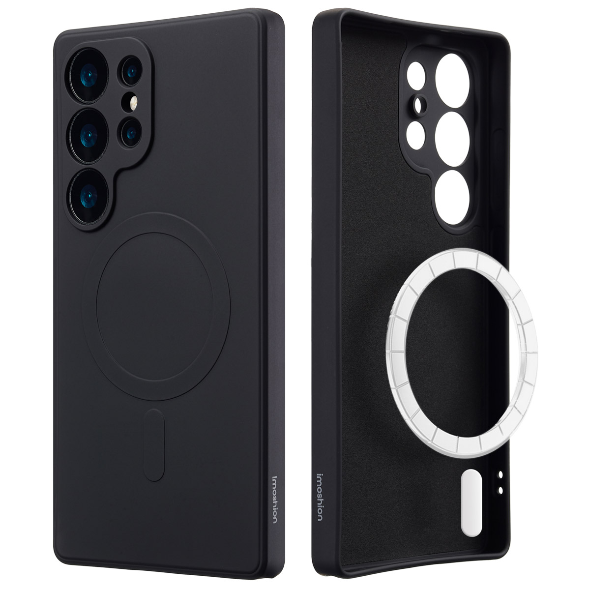 Twee zwarte telefoonhoesjes. Eén toont de achterkant met een cirkelvormig magnetisch element, de andere heeft een open binnenkant.