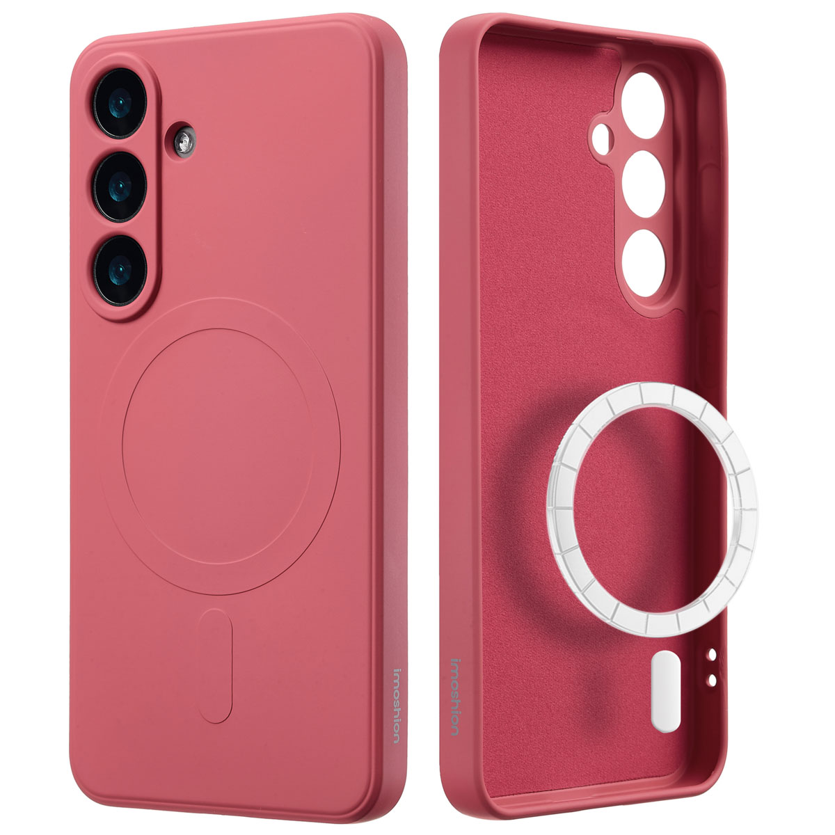 Roze telefoonhoesje met voor- en achterkant. De achterkant toont een magnetische cirkel.