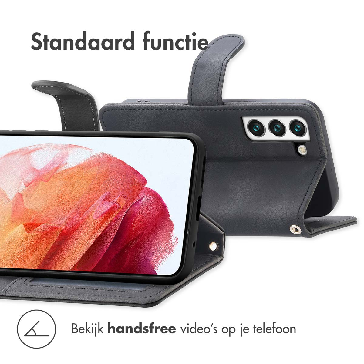 Zwarte telefoonhoes met een telefoon erin, open om het scherm te laten zien. Het is zwart en grijs.