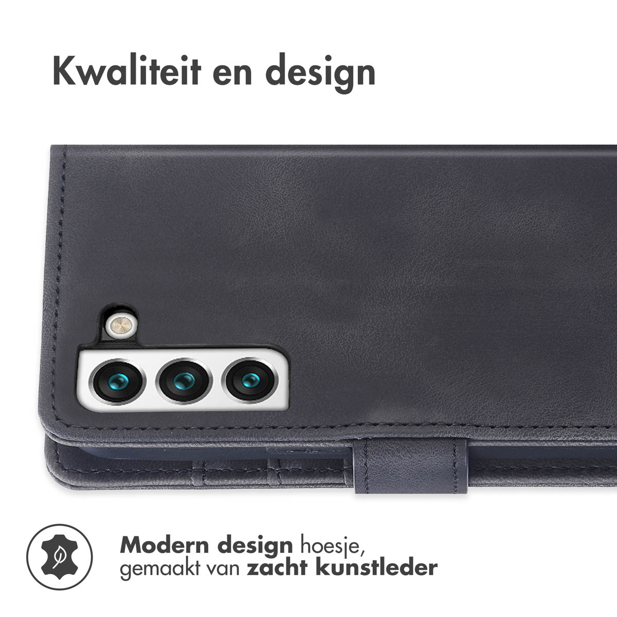 Donkergrijze telefoonhoes, achteraanzicht, met drie cameralenzen en een sluiting.