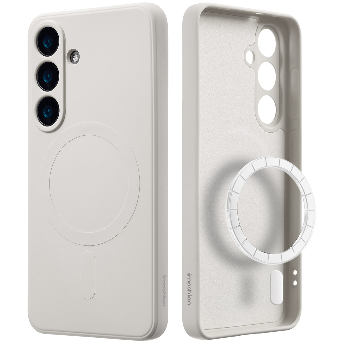 Een telefoonhoesje is lichtgrijs. Een cirkel wordt getoond op het hoesje. De tekst is 'imoshion' op het hoesje.